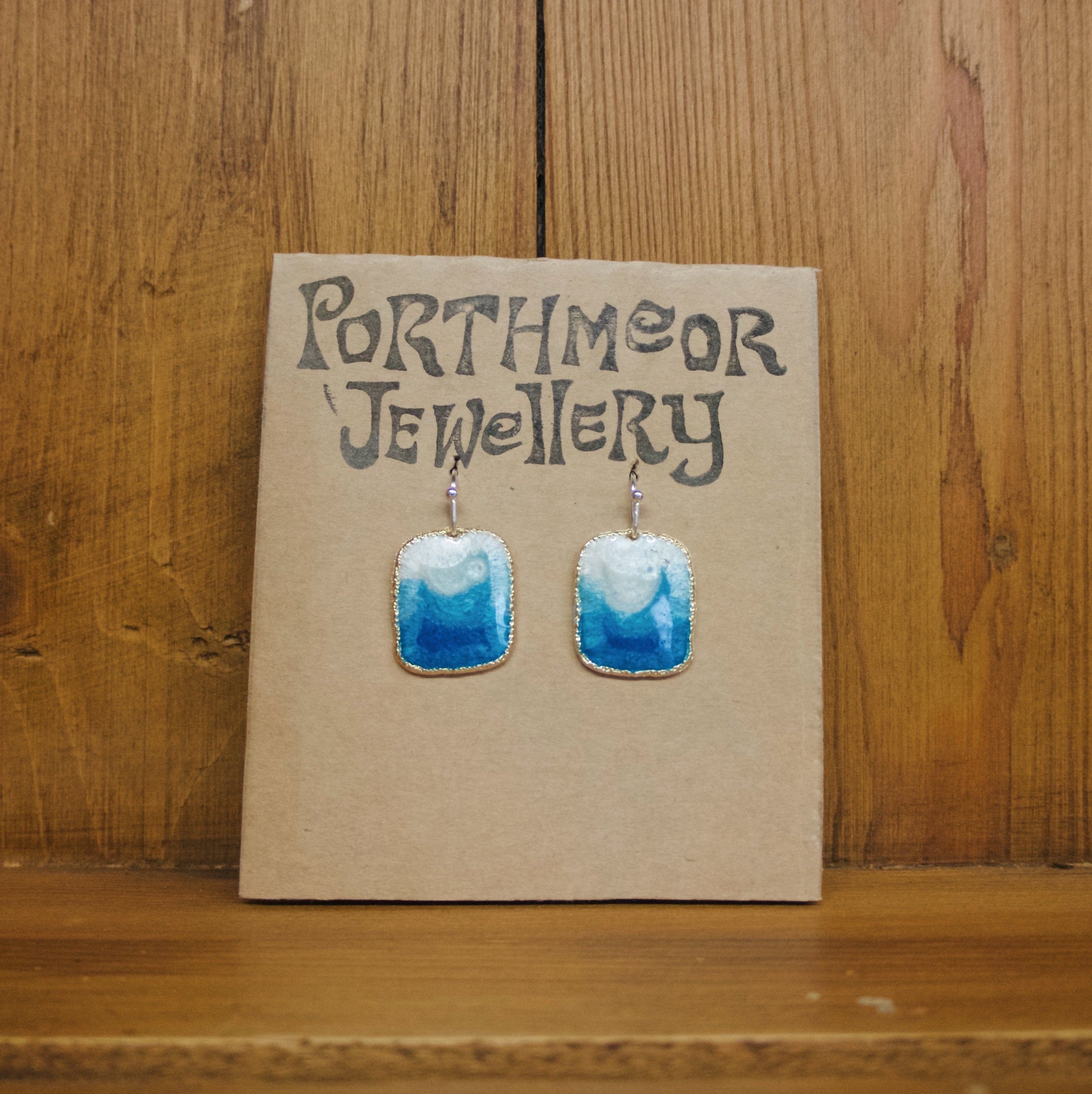 Blue & White with Gold Earrings, Rectangle